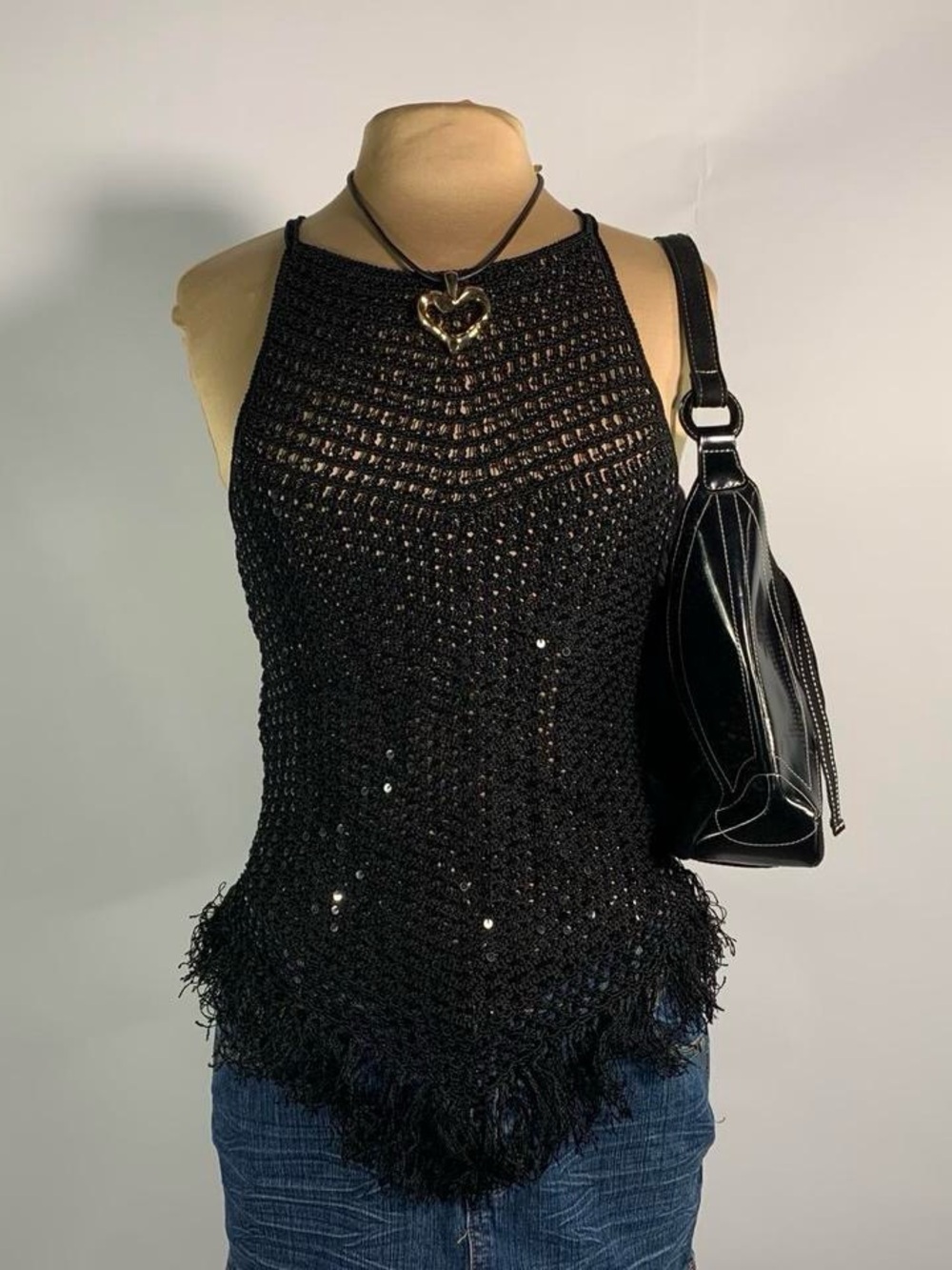 Bebe Black Crochet Sequin Fringe Halter Top M Vintage